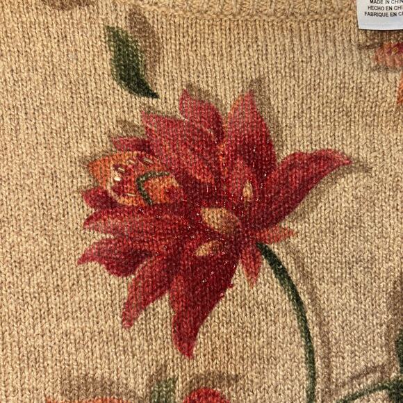 Women's Alfred Dunner Knit Sweater Embroidered Sequin Flower Sz M Cream/Red - Picture 7 of 8